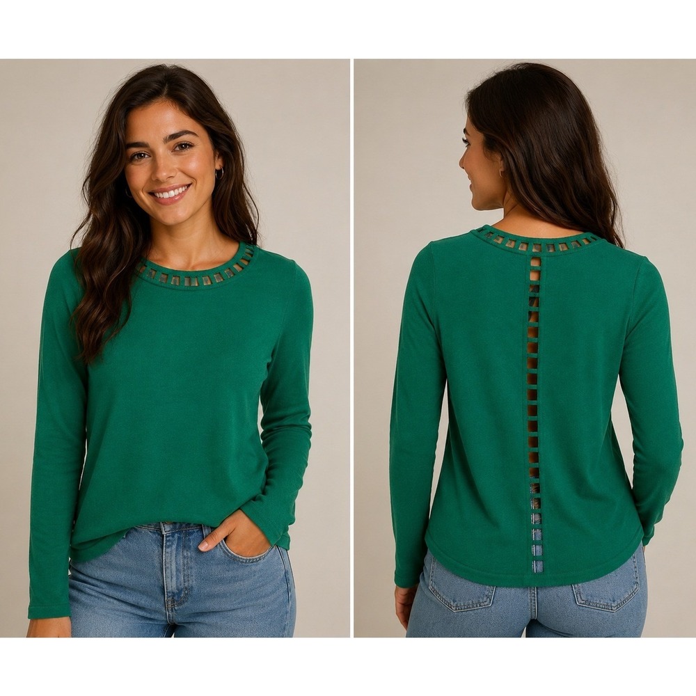 Milly Green Wool Long Sleeve Ladder Cutout Back Sweater Size P Lightweight Chic